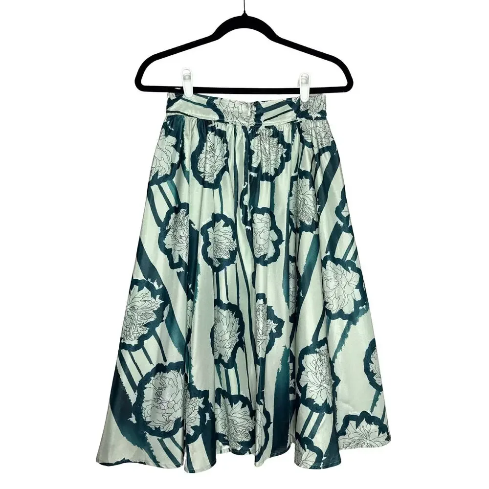 Anthropologie Troubadour Waterlily Floral Striped Circle Skirt 4P Green Workwear